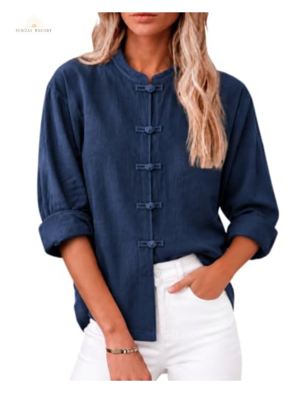 Linen Cotton Womens Mandarin Collar Frog Button Blouse 3/4 Sleeve Tunic Top